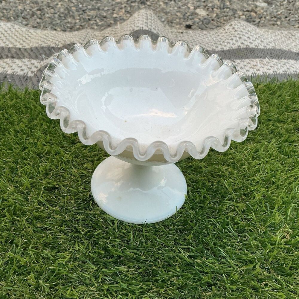 Vintage Fenton Silver Crest Milk Glass Compote Clear Ruffle Edge Pedestal Bowl